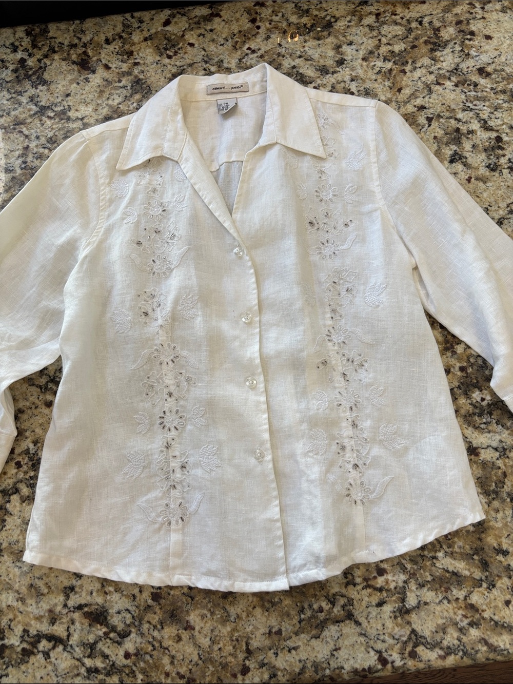 Vintage Edward Petite White Embroidered Button-Down 100% Linen Top